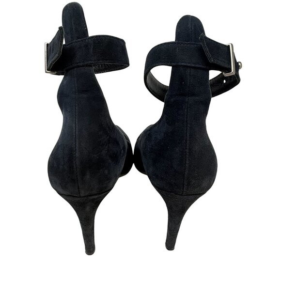 Maje Blue Suede Heels Detachable Brown Faux Fur Cuffs Pointed Toe 37 US 6.5 - Picture 10 of 12